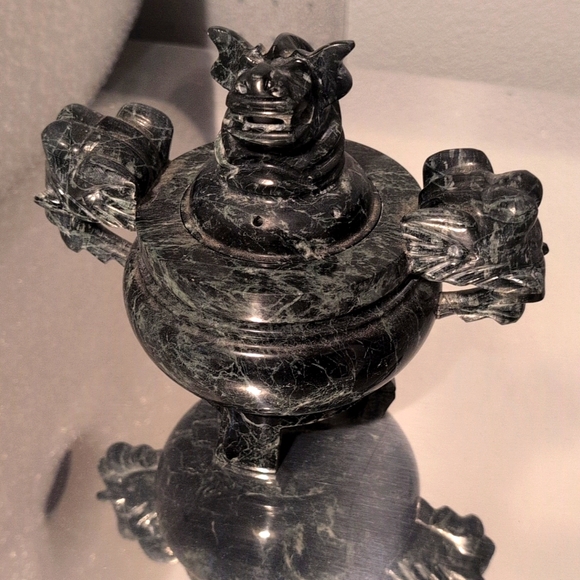 GENUINE MARBLED JADE Hardstone Lidded Dragon & Elephant Carved Incense Burner🔥 - Picture 3 of 4